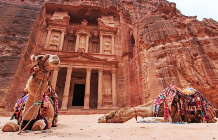 Camels resting in front of the Treasury at Petra, Jordan