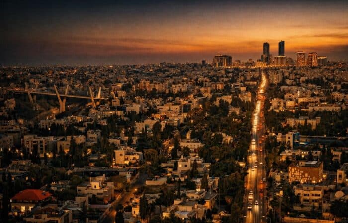 Un panorama urbain sous un ciel aux couleurs chaudes.