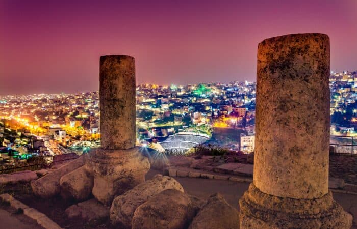 Amman Citadel overlooking the city at night