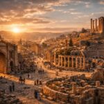 Jerash Roman ruins in northern Jordan showing the ancient Cardo Maximus with towering stone columns and well-preserved classical architecture