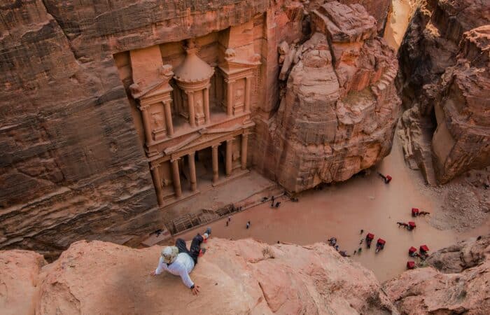Petra Treasury and canyon path viewed from above in Jordan