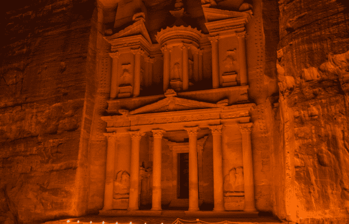 The Treasury illuminated by candles during Petra by Night in Jordan