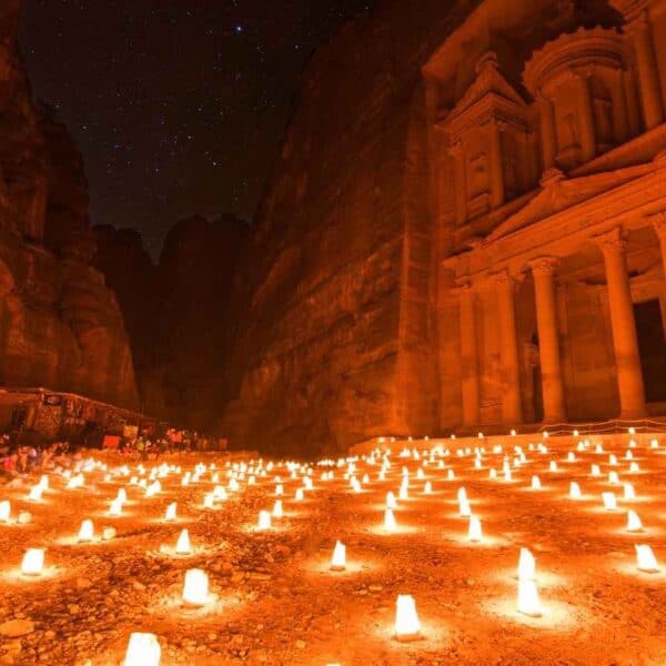 Petra Treasury illuminated by candlelight during Petra by Night, Jordan