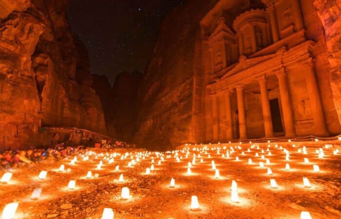 Petra Treasury illuminated by candlelight during Petra by Night, Jordan
